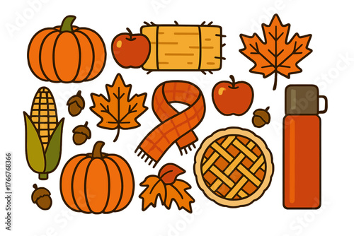 Cute assortment of seasonal autumn harvest icons for fall decoration