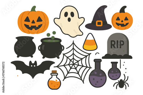 Assortment of cute spooky Halloween icons including pumpkin, ghost, and bat