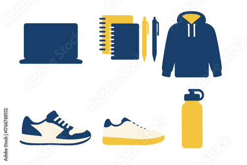 Essential college student supplies flat icons in blue and yellow color palette