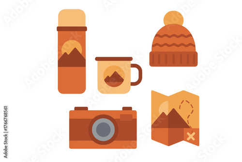 Outdoor adventure icons set featuring camping and hiking essentials