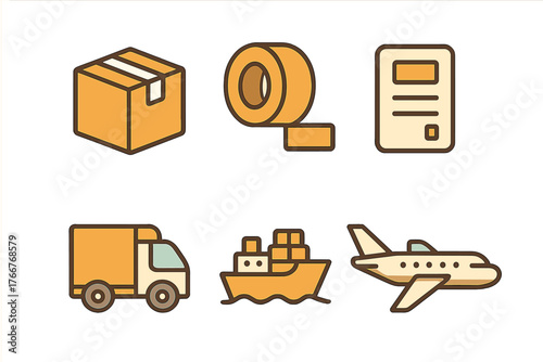 Shipping and delivery service icons set with package and transport methods