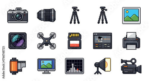 Pixel art camera and photography equipment icons in modern style