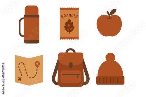 Assortment of brown outdoor adventure and hiking equipment symbols