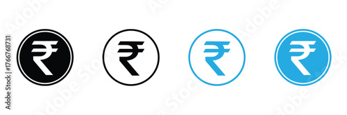 Versatile Indian Rupee symbols in striking black and vibrant blue circular designs, perfect for financial apps, banking platforms, and modern business presentations.