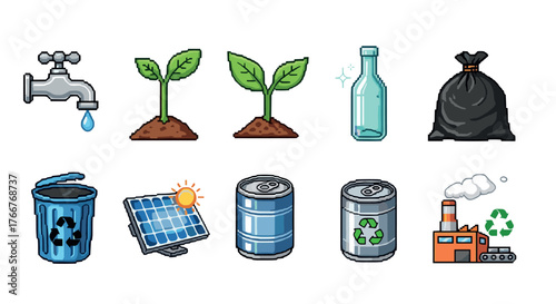 Pixel art eco symbols: sustainability and recycling elements for environmental awareness