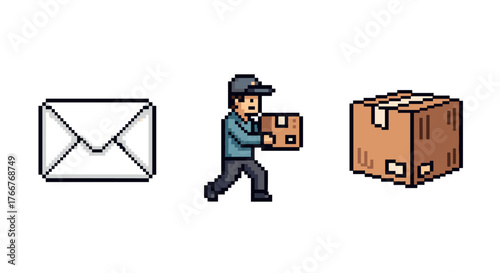 Retro pixel art mailman delivering package with envelope and box