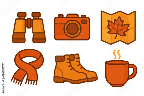 Set of autumn outdoor travel and hiking equipment icons