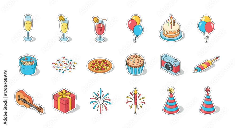 Fototapeta premium Colorful celebration elements set with food, drinks, and party icons
