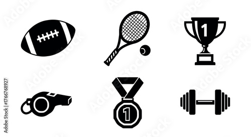 Silhouette icons of sports equipment and awards