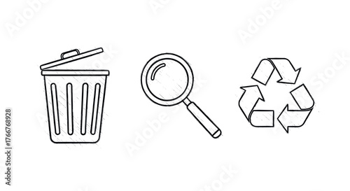 Sketch style waste management icons: trash bin, magnifying glass, recycle symbol
