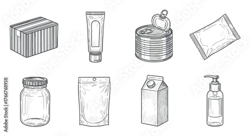 Hand drawn packaging icons: bottle, tube, cans and more