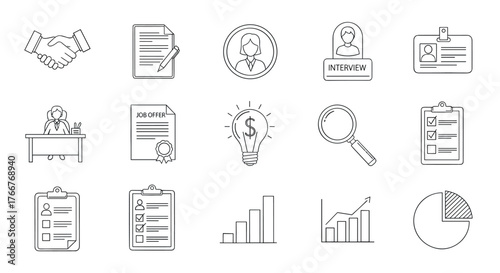 Linear business and employment icons featuring job interview, resume, and analytics