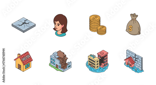 Isometric icons of disasters and financial elements