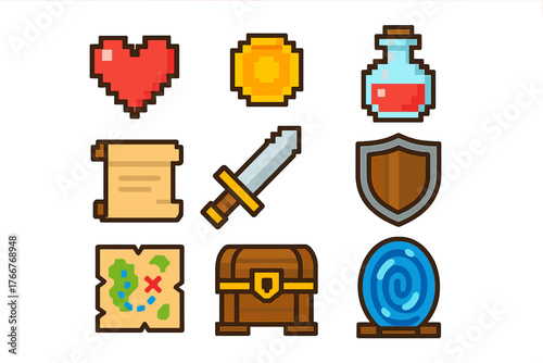 Pixelated role playing game interface icons set with heart coin potion map