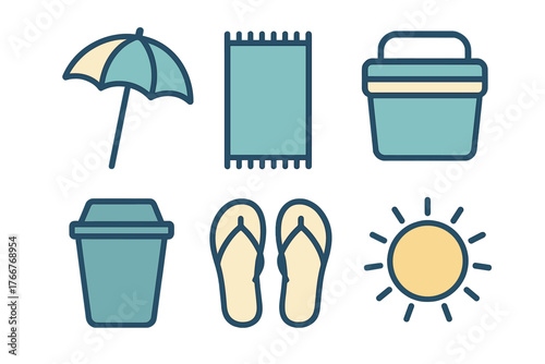 Simple icons for beach vacation and summer accessories like sun and umbrella