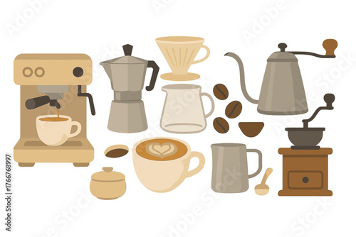 Collection of coffee making equipment and prepared beverages flat design