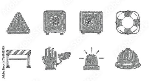 Hand drawn security and safety icons set with alarm, surveillance, and lifebuoy elements