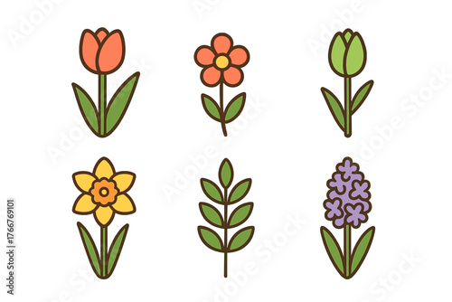 Six colorful spring flower icons featuring a thick outline style