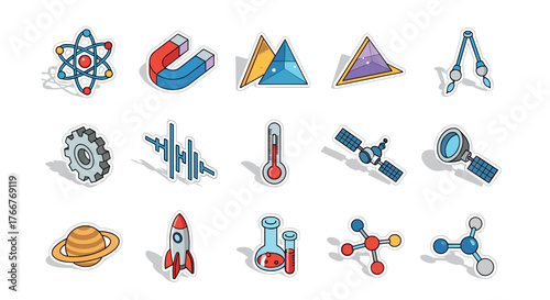 Colorful science icons collection featuring physics and chemistry symbols
