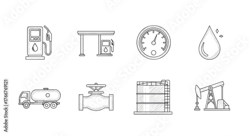 Hand drawn fuel and oil industry icons set for energy and transportation design