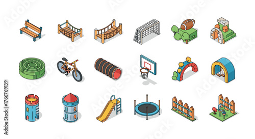 Colorful isometric playground and sports equipment icons collection