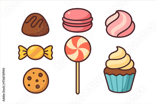 Assortment of colorful sweet treats and confectionery icons