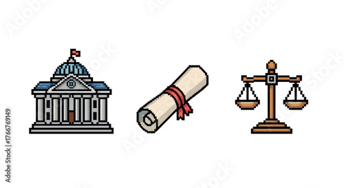 Pixel art symbols of justice: courthouse, legal document, and scales