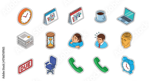 Isometric business and office icon set with calendars, clocks, and office equipment