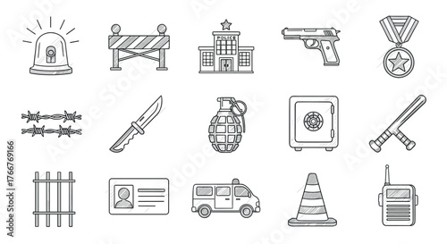 Monochrome linear icons of police station, security equipment, and law enforcement symbols