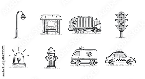 Hand drawn urban traffic and emergency elements