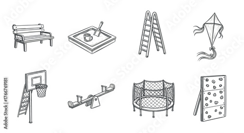 Playful sketches of outdoor playground equipment and toys for kids