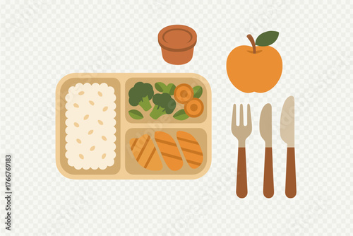 Compartmentalized school lunch tray with rice, protein, vegetables, and fresh fruit