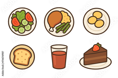 Six essential meal components icons: salad, main dish, dessert, and beverage options