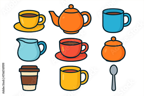 Colorful icons of coffee and tea serving ware for hot beverages