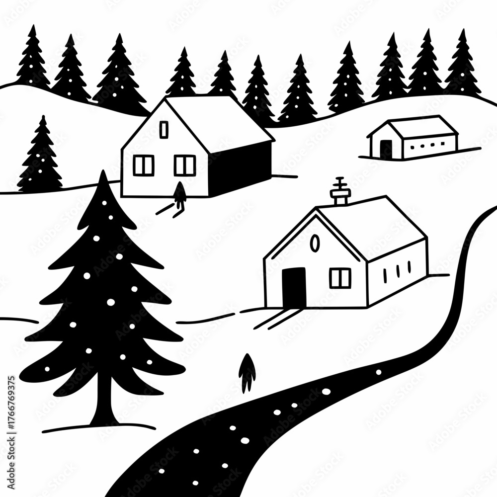 Obraz premium A minimalist line art landscape of a snowy village with a small Christmas tree, on white background