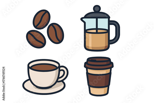 Set of coffee preparation and serving icons featuring beans and brewing tools