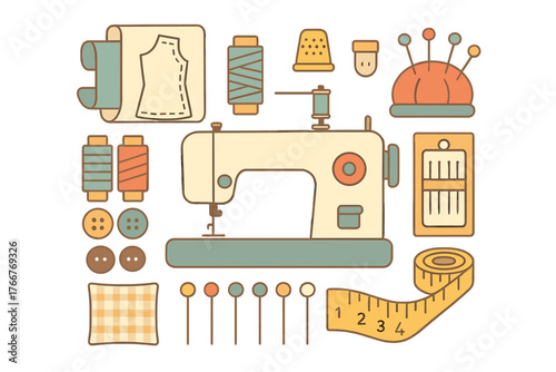 Sewing machine and tailoring supplies flat icon collection
