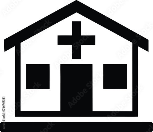 Simple clean hospital icon with medical cross on white background