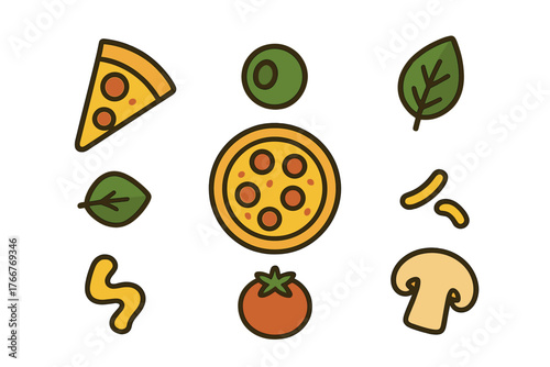 Set of pizza and fresh ingredient icons with pepperoni and vegetable toppings