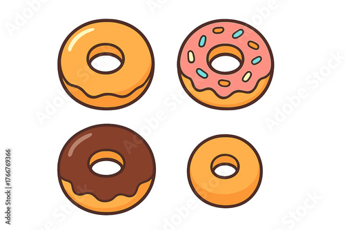 Four assorted glazed and frosted sweet ring donuts icons