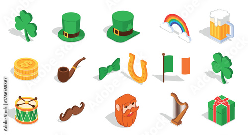 St. patrick's day isometric icons: hats, shamrocks, and irish symbols