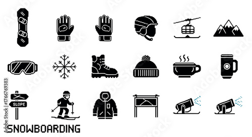 Winter sports icons: snowboarding gear and adventure in pixel art style