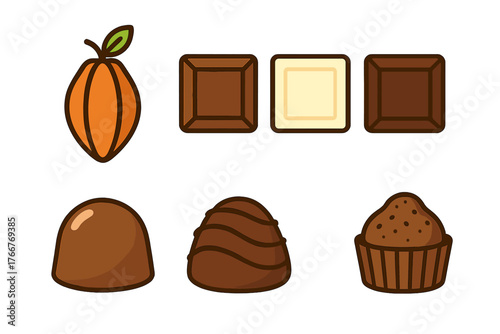 Assortment of chocolate products and cocoa pod icons