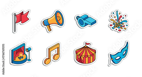 Carnival icons set: colorful stickers of festive symbols for parties and celebrations