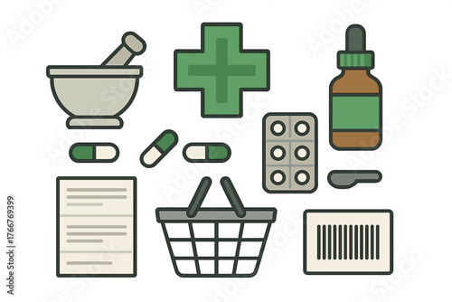 Pharmacy and medical supplies icons featuring mortar and pestle