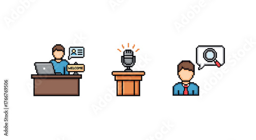 Pixel art business office and conference icons with speaker podium and professional elements