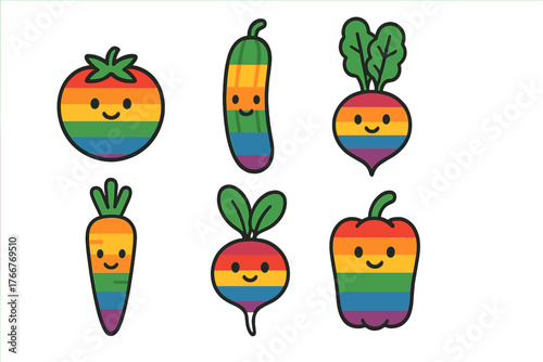 Happy vegetables with colorful rainbow stripes pattern