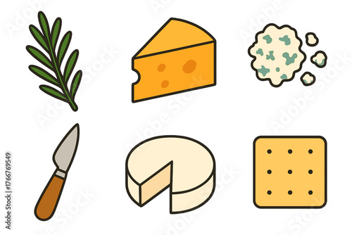 Assortment of cheese board elements with herb and cracker icons