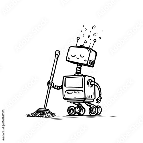 Cartoon robot with a boxy body and head cleaning with a broom in black and white illustration style