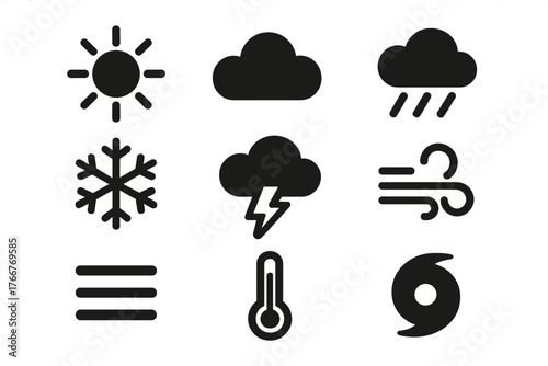 Collection of simple black and white icons for meteorology and climate forecasting